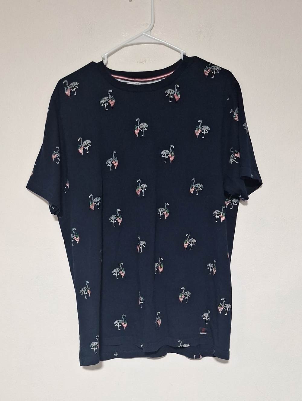 Navy Short Sleeve Tee with Flamingo & Flag Print Patriotic Denim & Cloth